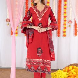 Anouk Women Red Pure Cotton Kurta Sets With Dupatta-image-122