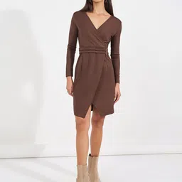 Styli Women Solid Long Sleeve Wrap Style Knee Length Dress-image-110