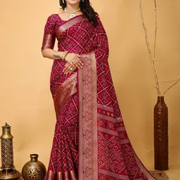 HERE&NOW Bandhani Zari Silk Cotton Kanjeevaram Saree-image-33
