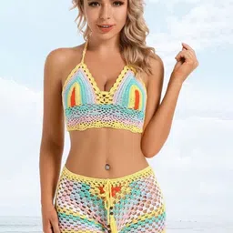 Plus Curvves Women Knitted Colourblocked Halter Neck Crochet Bikini Set-71