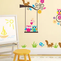 LANSTICK Brown & Blue Colorful Tree With Birds Self Adhesive Wall Sticker-image-87