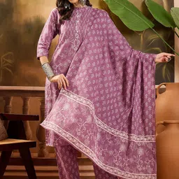 Sangria Women Printed Pure Cotton Straight Kurta & Trousers With Dupatta-19