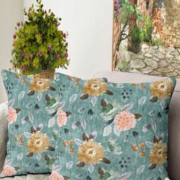 Blue Grass Sea Green & Pink 2 Pieces Floral Velvet Square Cushion Covers-image-81
