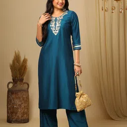 Globus Women Floral Embroidered Regular Gotta Patti Kurta with Trousers-57