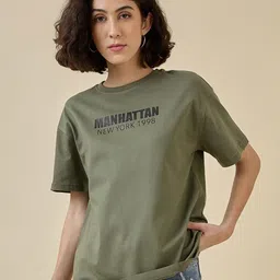 Mast & Harbour Women Graphic Printed Round Neck Cotton Oversized T-shirt-picture-44
