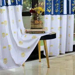 Cortina Turquoise Blue & White 2 Pieces Floral Printed Cotton Long Door Curtains-picture-18