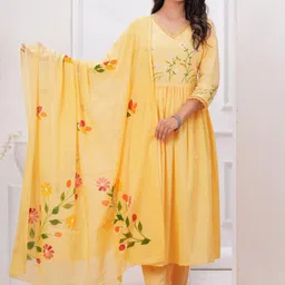 FCV Women Floral Embroidered Regular Pure Cotton Kurta with Salwar & Dupatta-picture-7