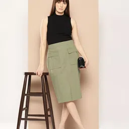 Chemistry Cotton Front Slit Midi Straight Skirt-image-45