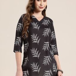 HERE&NOW Tropical Print V-Neck Monochrome Kurti-image-74