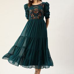 Antheaa Teal Green & Brown Floral Dobby Woven Embellished Maxi Tiered Dress-29