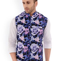 Hangup Men Black & Blue Printed Nehru Jacket-33