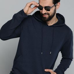 HERE&NOW Navy Blue Solid Hooded Sweatshirt-image-14