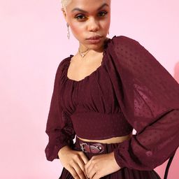 Berrylush Women Charming Maroon Solid Georgette Bishop Sleeves Top-picture-47