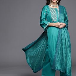 Libas Women Teal Green & Pink Ethnic Motifs Yoke Design Kurta with Palazzos & Dupatta-image-50