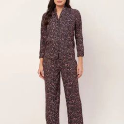 Moomaya Navy Satin Floral Print Shirt With Pyjamas-image-87