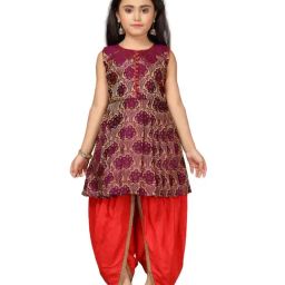 AJ Dezines Kids Purple & Red Embroidered Kurta Set-image-11