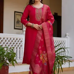 BlueRang Embroidered Round Neck Beads and Stones Straight Kurta With Trousers & Dupatta-image-94