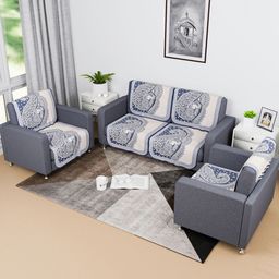 Aura Blue & White Ethnic Motifs Printed 4 Seater Cotton Sofa Cover-image-15