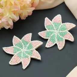 Aatmana Woman Pink & Green Star Shaped Embroidered Stud Earrings for Women-image-2