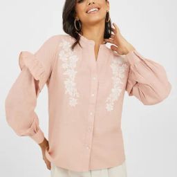 Styli Embroidered Ruffle Detail Mandarin Collar Shirt-image-5