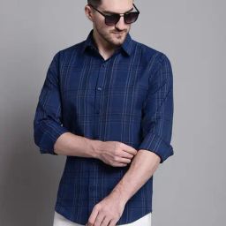 Jainish Blue Cotton Regular Fit Checks Shirt-image-65