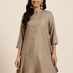 HERE&NOW Women Woven Design Mandarin Collar A-Line Kurti-image-96