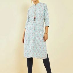 Soch Powder Blue Muslin Floral Print Straight Kurta with Front Pleat-picture-15