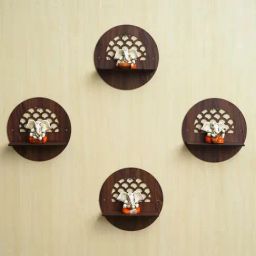 eCraftIndia Brown Wooden Round Shaped Designer Wall Shelves - Set of 4-16