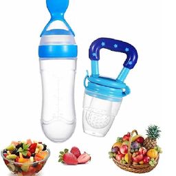 The Moms care Combo of Fruit Nibbler Pacifier and Silicone Squeeze Feeding Spoon Bottle for Feeding Milk Cereal 0 to 12 Months Daily Needs Items, Same Color Design Blue Set for Your Baby Boy image 1