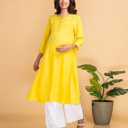 Bella Mama Woven Embroidered Yoke Maternity Kurta - Yellow-picture-22