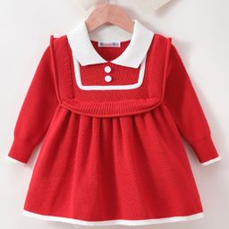Kookie Kids Full Sleeves Textured Winter Frock - Red-image-85