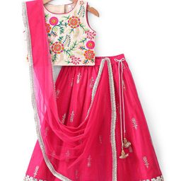 Babyhug Sleeveless Floral Embroidered Choli with Foil Printed Lehenga and Dupatta Set - Fuschia-image-80