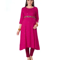 Mom for sure by Ketki Dalal Three Fourth Sleeves Mirror Work Embellished Anarkali Maternity Kurta - Pink-picture-33