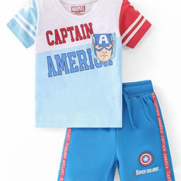 Babyhug Marvel 100% Cotton Knit Half Sleeves T-Shirt & Shorts With Avengers Graphics  - Blue & White-image-63