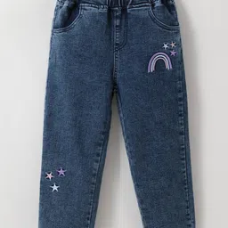 Kookie Kids Full Length Denim Jeans with Rainbow Embroidery - Blue-picture-4