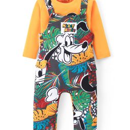 Babyhug Disney Terry Knit Full Sleeves Dungaree Set With Mickey Mouse All Over Print Badge Detailing - Yellow-image-1