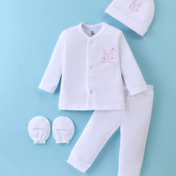 I Bears Interlock Knit  Full Sleeves Night Suit with Pair of Mittens & Cap Bunny Print - White-image-3
