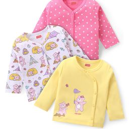 Babyhug 100% Cotton Antibacterial Front Open Vest Animal & Polka Dots Print Pack of 3 - Pink Yellow & White-image-22