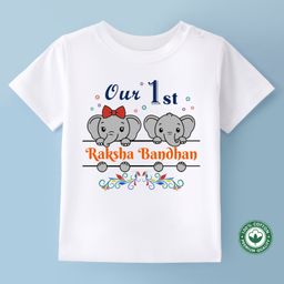 BLUSHES Rakhi Theme 100% Cotton Half Sleeves Our First Raksha Bandhan Text Printed Tee - White-image-45