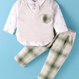 ToffyHouse Interlock Knit Full Sleeves T-Shirt with Bow Applique & Checkered Lounge Pants Set - Pink & Grey-image-99