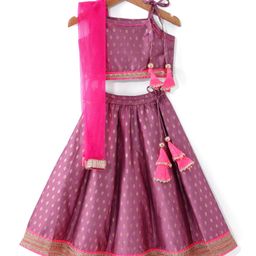 Saka Designs Tafetta Woven Singlet Sleeves  Printed Choli Lehenga Set with Dupatta & Lace Detailing - Purple-image-97