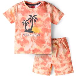Babyhug Single Jersey Knit Half Sleeves Beach Theme T-Shirt & Shorts Set - Coral-image-80