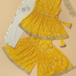 Desi Soota Cotton Sleeveless Bandhani Printed Kurta Sharara & Dupatta Set - Yellow-image-78