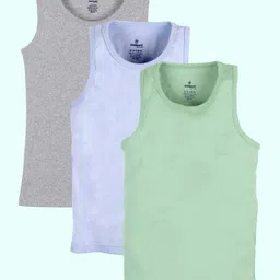 Kiddopanti Cotton Pack Of 3 Sleeveless Solid Vest - Ice Blue Grey Melange & Light Green-picture-9