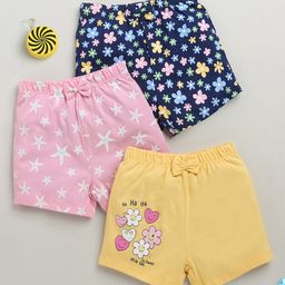 BUMZEE Cotton Knit Above Knee Length Floral & Star Printed Shorts With Bow Applique Pack of 3 - Navy Blue Pink & Yellow-image-94