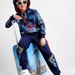 OLLINGTON ST. Cotton Full Sleeves Text Printed Hoodie Zipper Sweatshirt & Joggers Set - Multicolor & Navy Blue-image-75