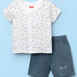 Babyhug Interlock Knit Half Sleeves Front Open T-Shirt & Shorts Set with Star Print - Navy Blue & White-picture-18