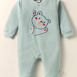 Wonderchild Interlock Woven Full Sleeves Teddy Bear Embroidered Textured Sleepsuit - Olive Green-image-58