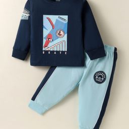 CUCUMBER Sinker Knit Full Sleeves T-Shirt & Bottomwear Set With Skateboard Print - Navy Blue-image-52