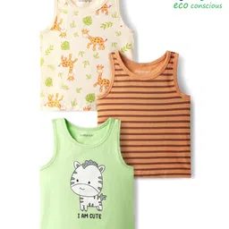 Babyoye 100% Cotton Knit Sleeveless Vests With Stripes & Animal Print Pack of 3 - Light Green & Peach-picture-24